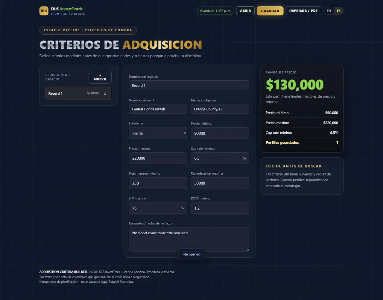 Constructor de criterios de adquisicion interface