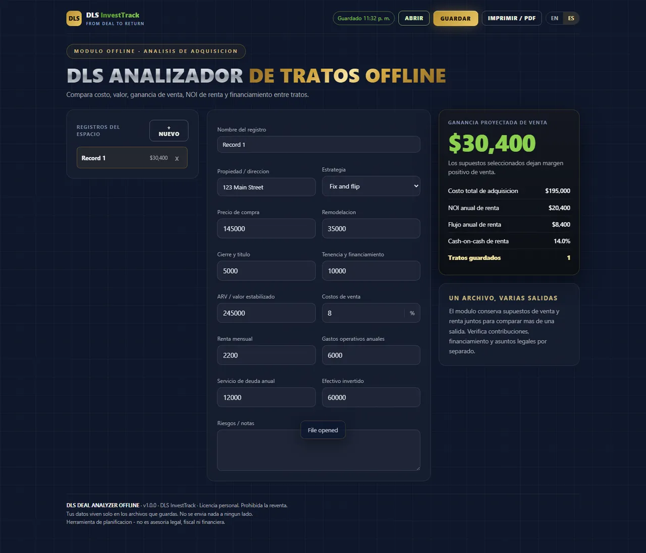 DLS Analizador de Tratos Offline interface