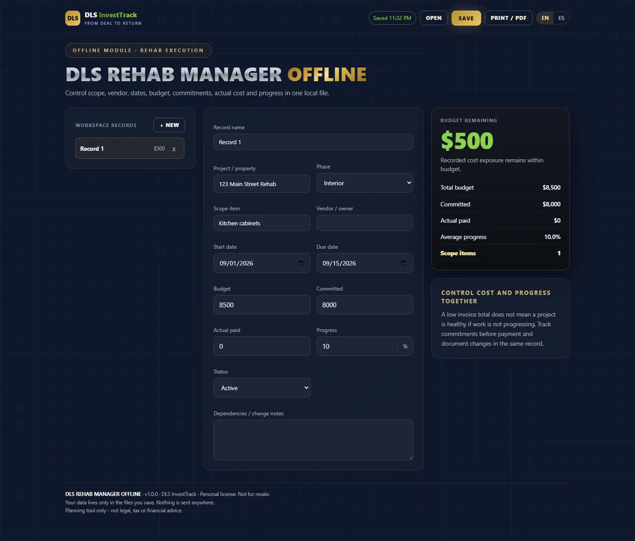 DLS Rehab Manager Offline interface