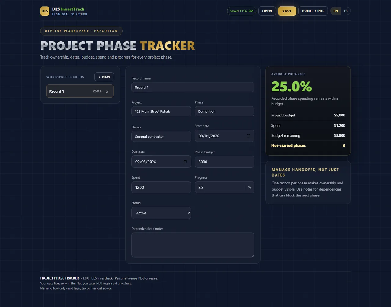 Project Phase Tracker interface