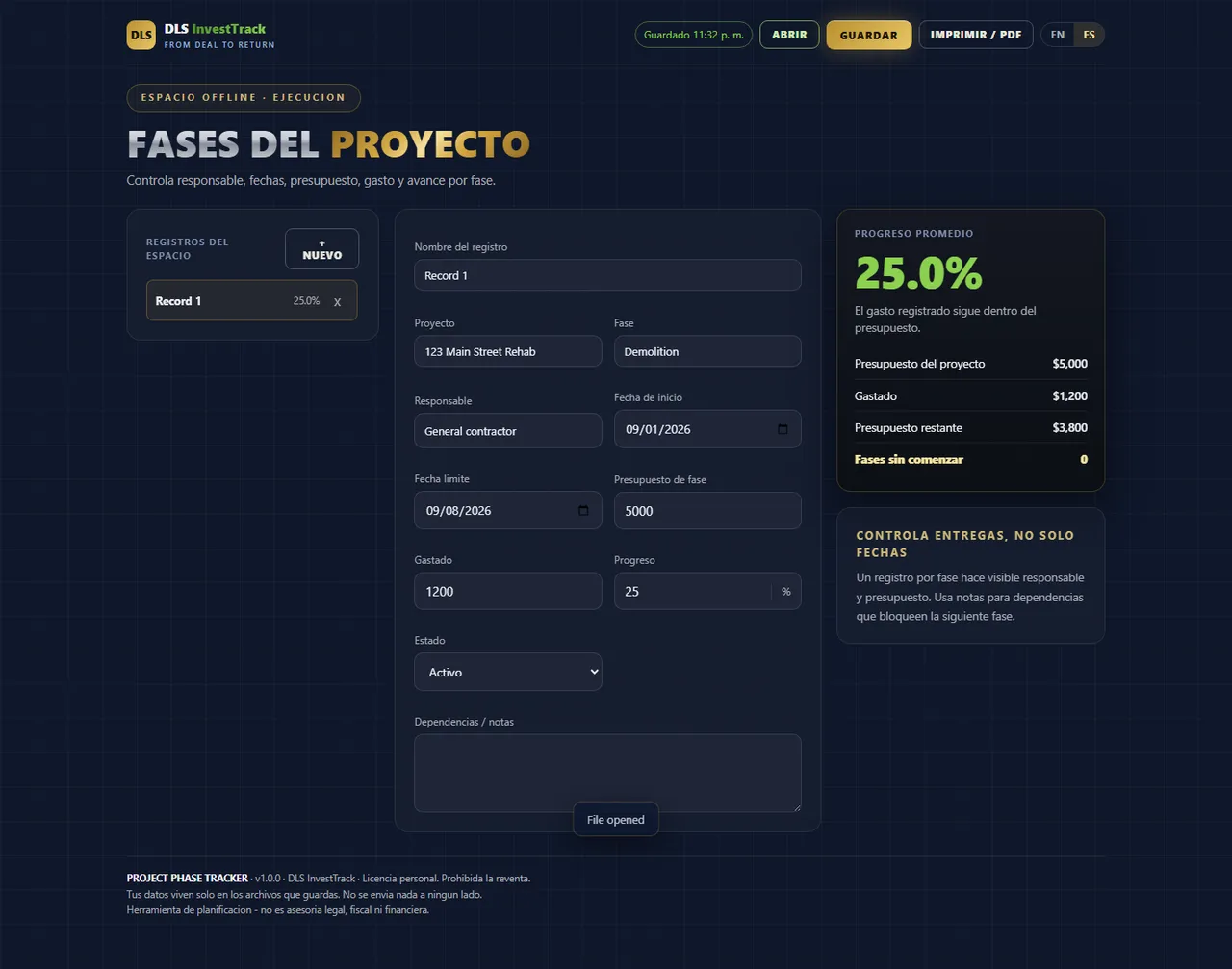 Rastreador de fases del proyecto interface