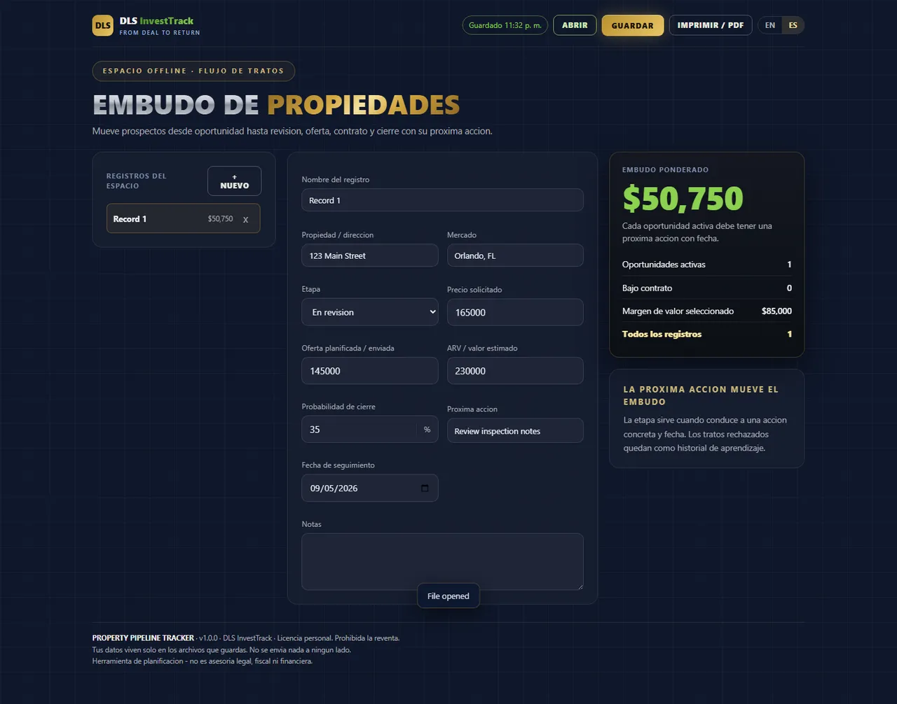 Rastreador de propiedades interface