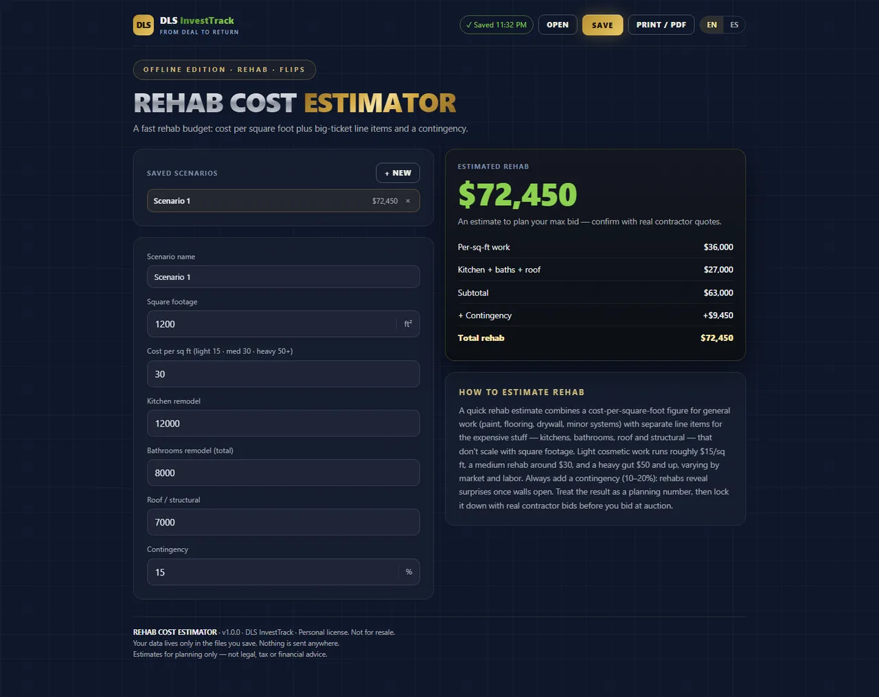 Rehab Cost Estimator interface