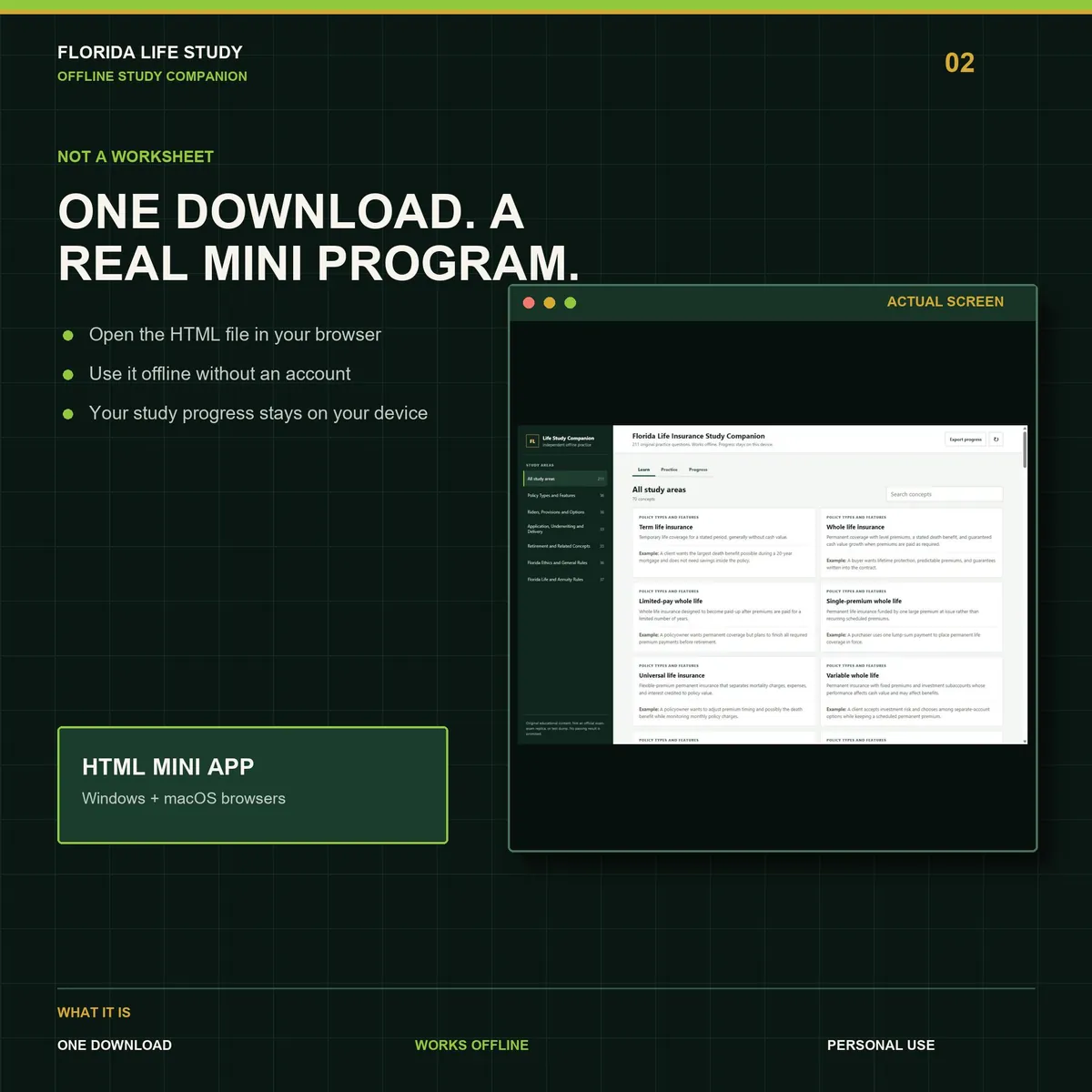 Florida Life Insurance Study Companion: the offline mini app running in a browser