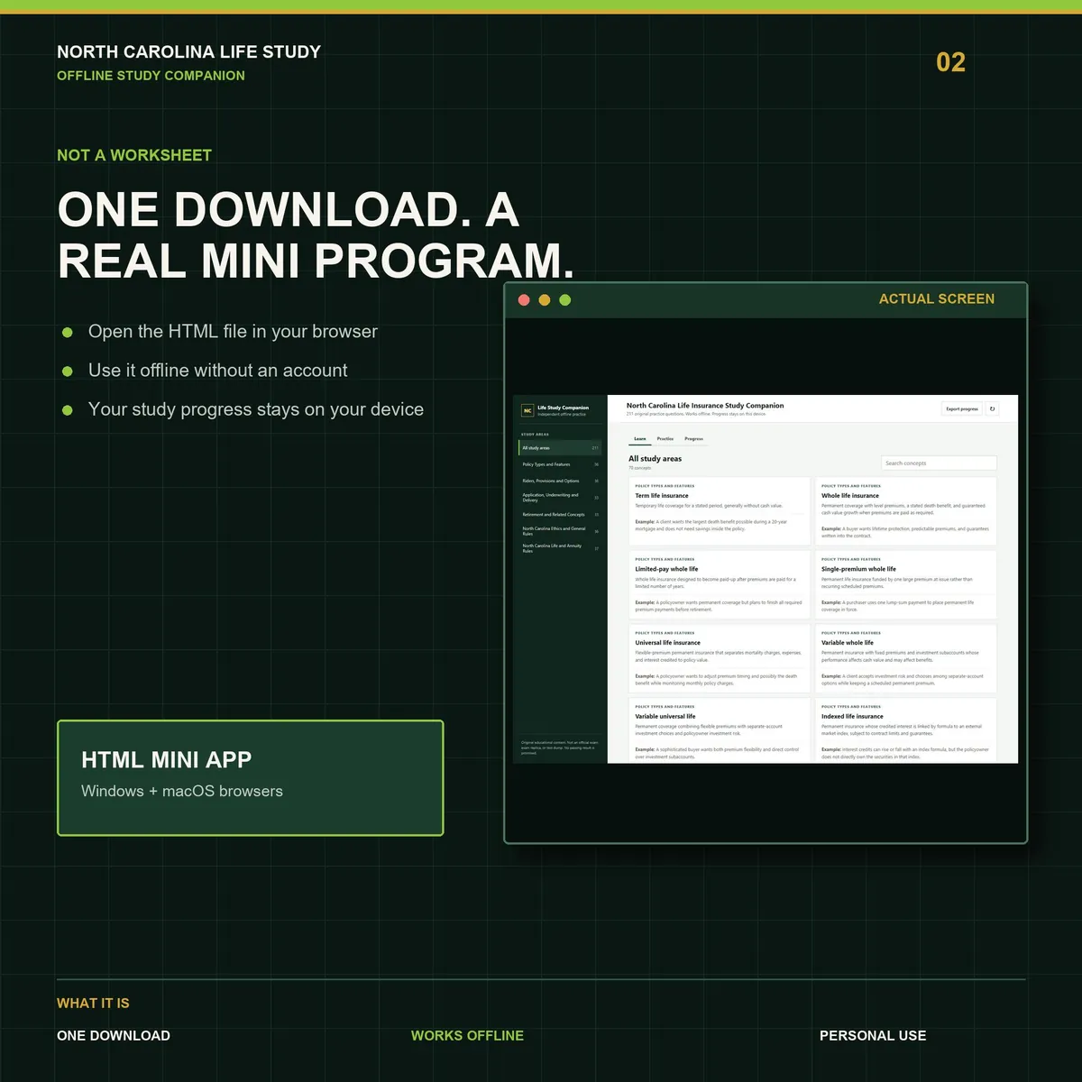 North Carolina Life Insurance Study Companion: the offline mini app running in a browser