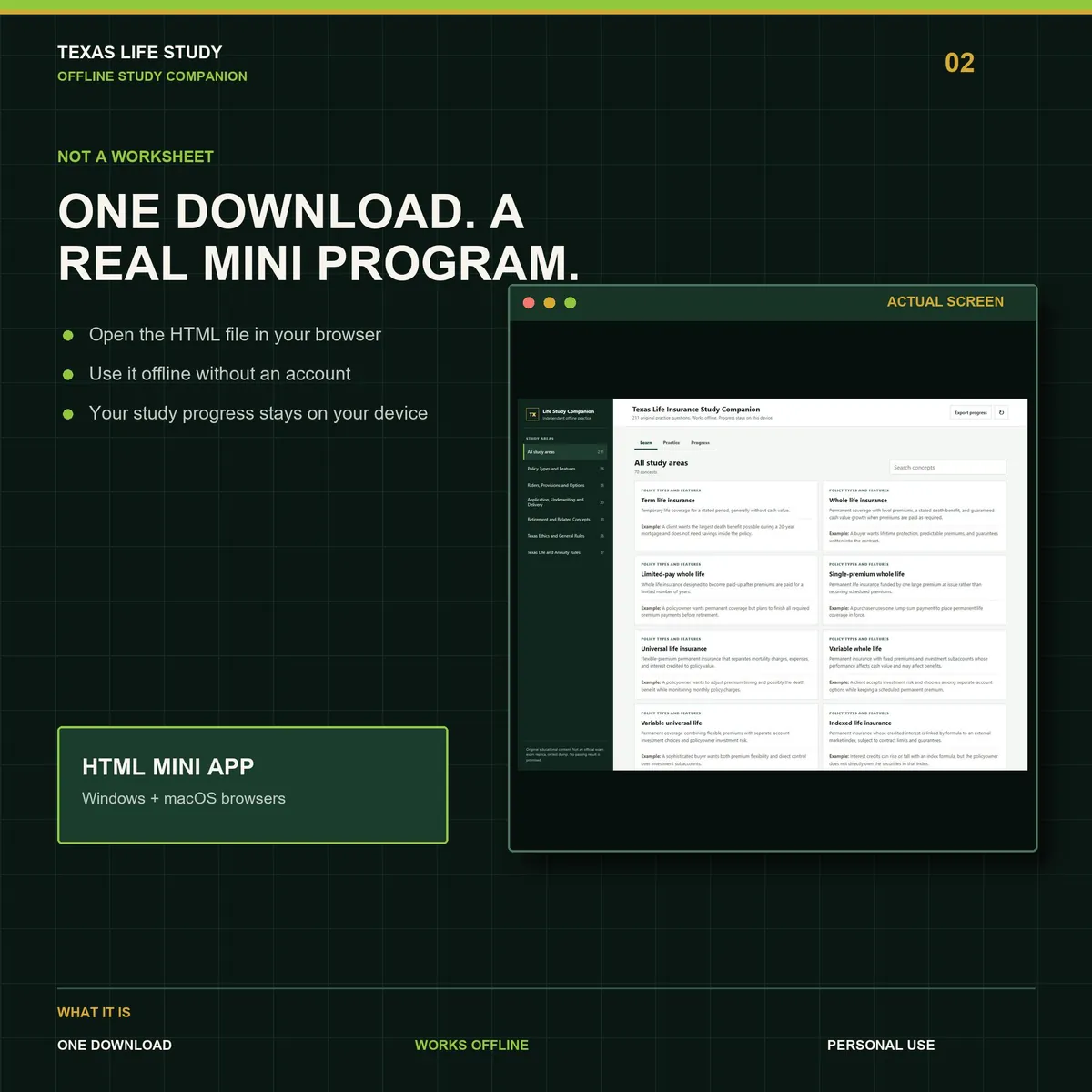 Texas Life Insurance Study Companion: the offline mini app running in a browser