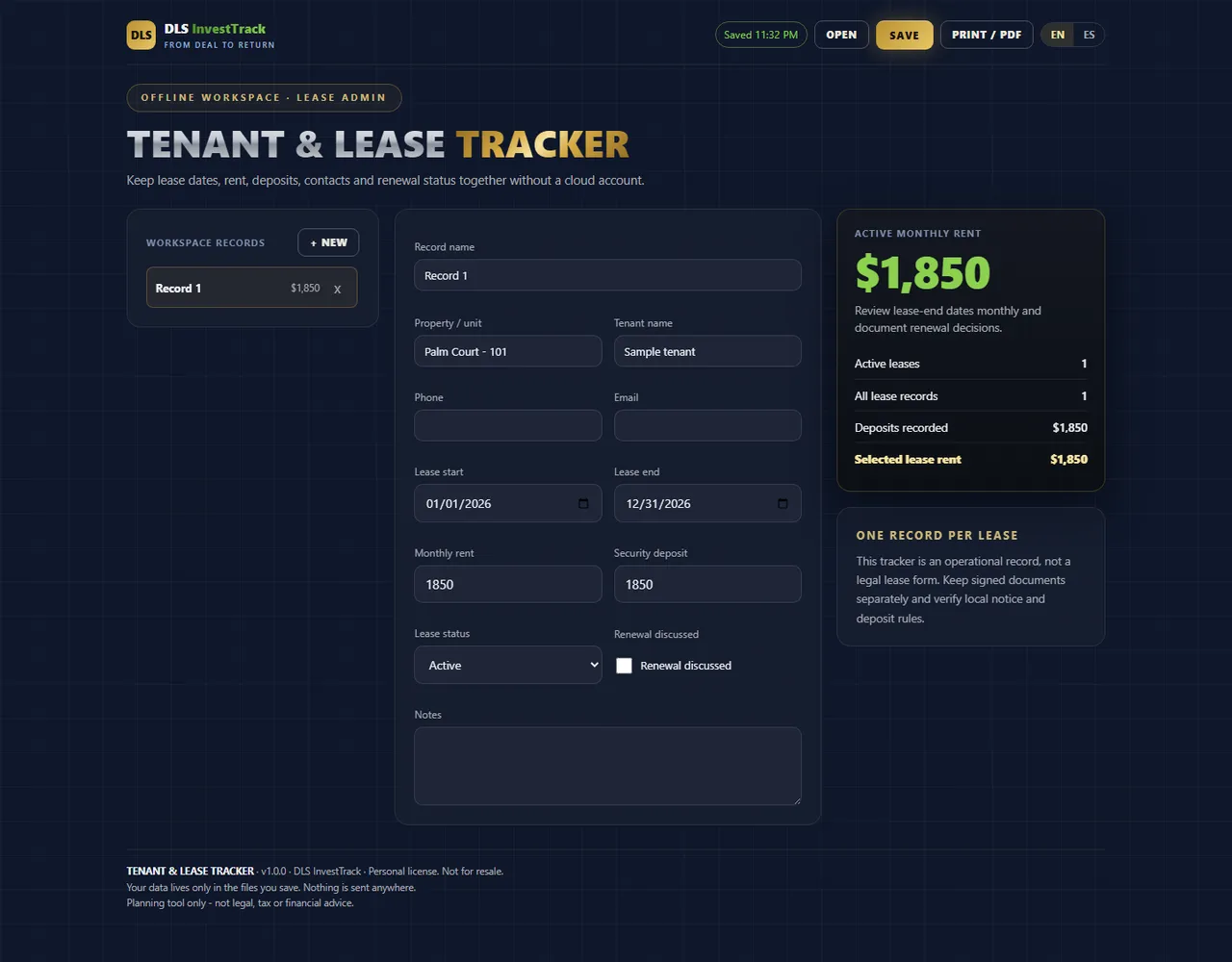 Tenant & Lease Tracker interface