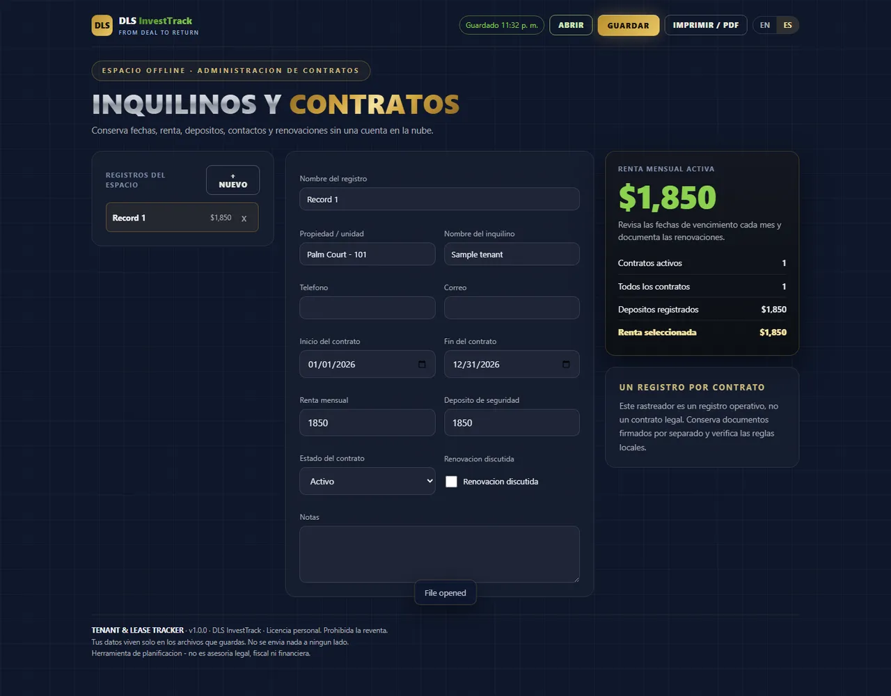 Rastreador de inquilinos y contratos interface