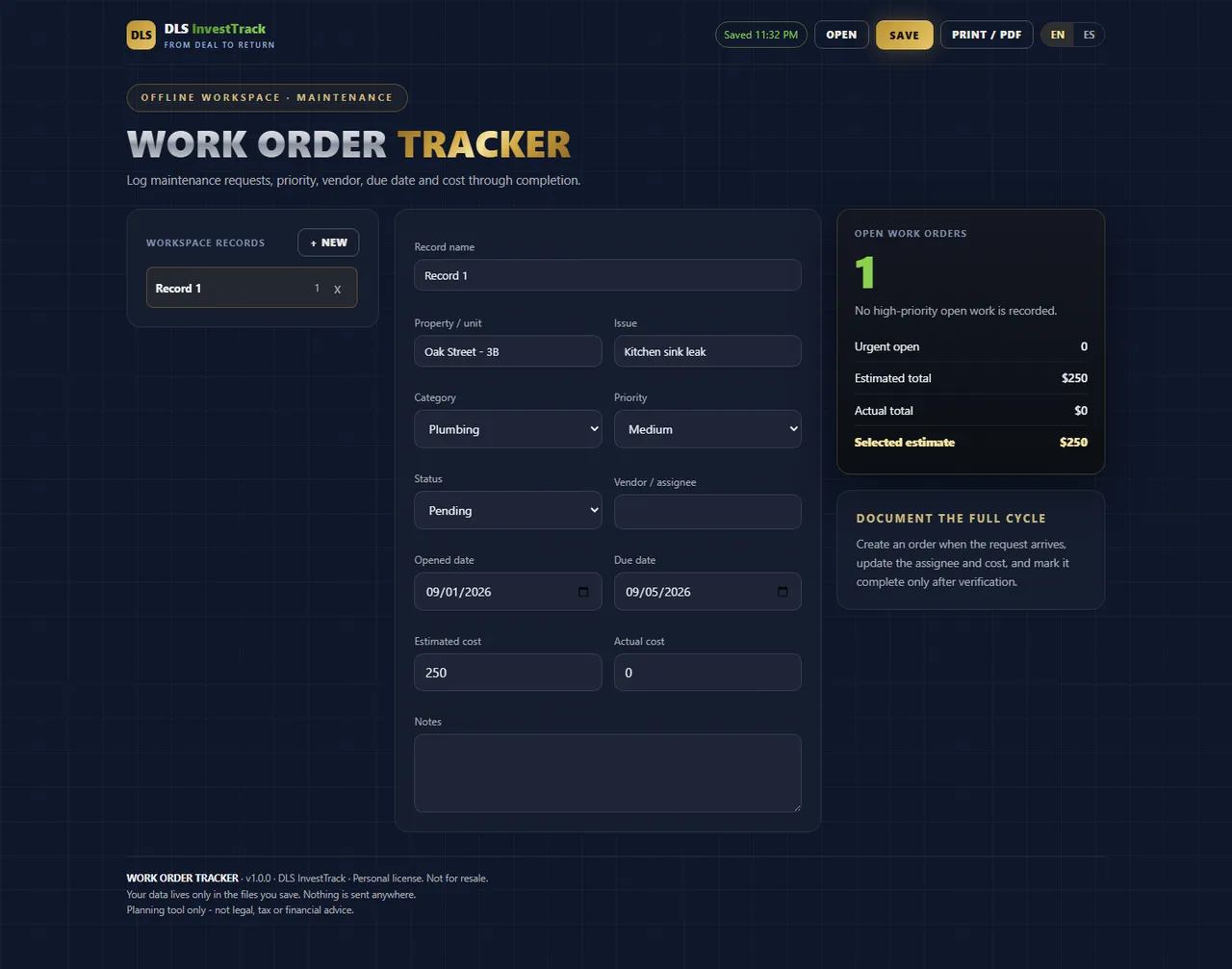 Work Order Tracker interface
