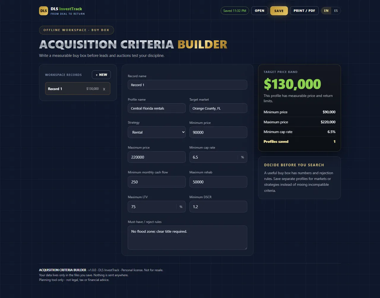 Acquisition Criteria Builder interface