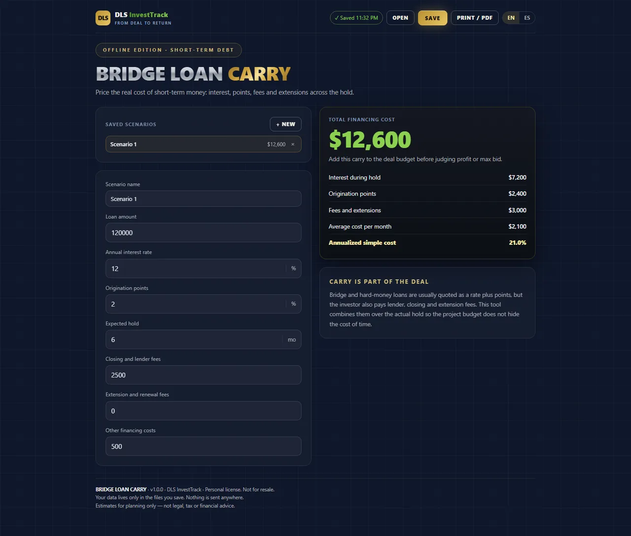 Bridge Loan Carry Calculator interface