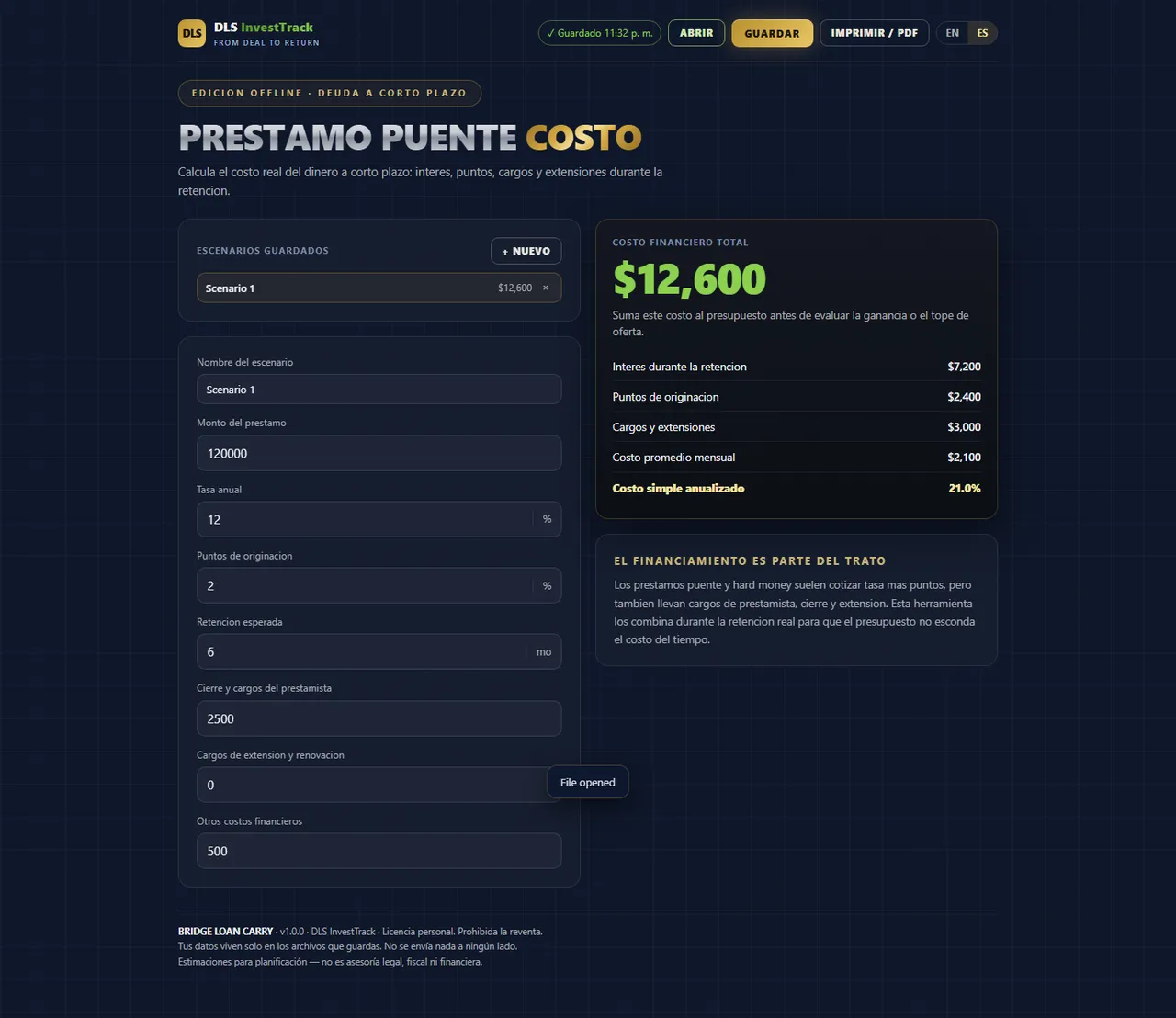 Calculadora de costo de prestamo puente interface