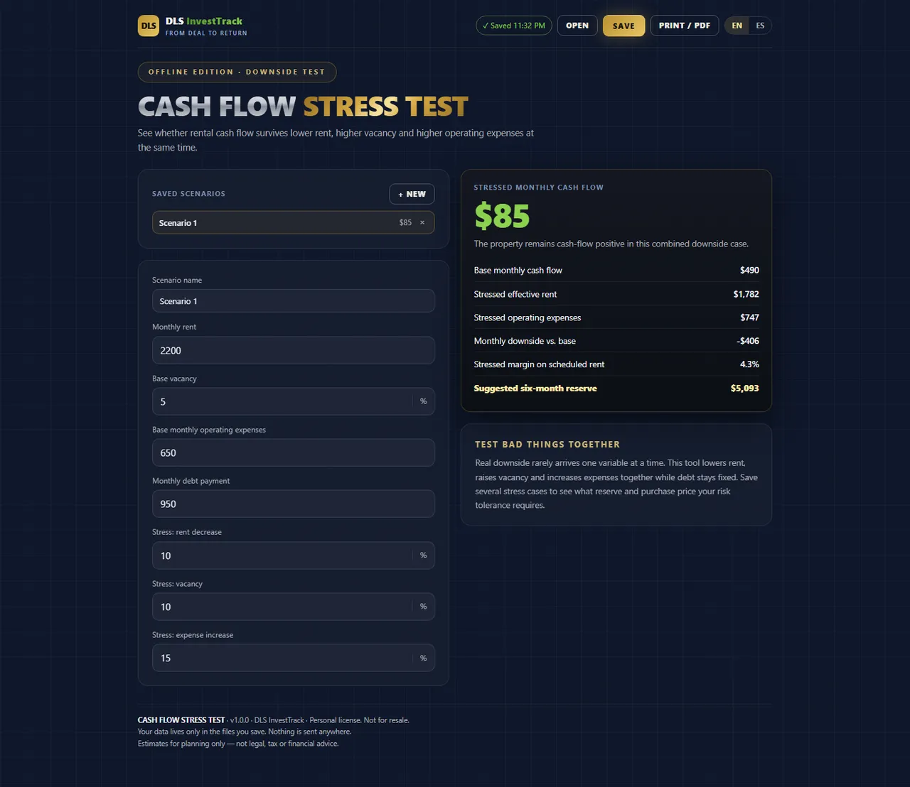 Cash Flow Stress Test interface