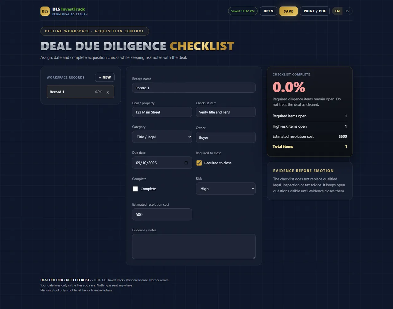 Deal Due Diligence Checklist interface