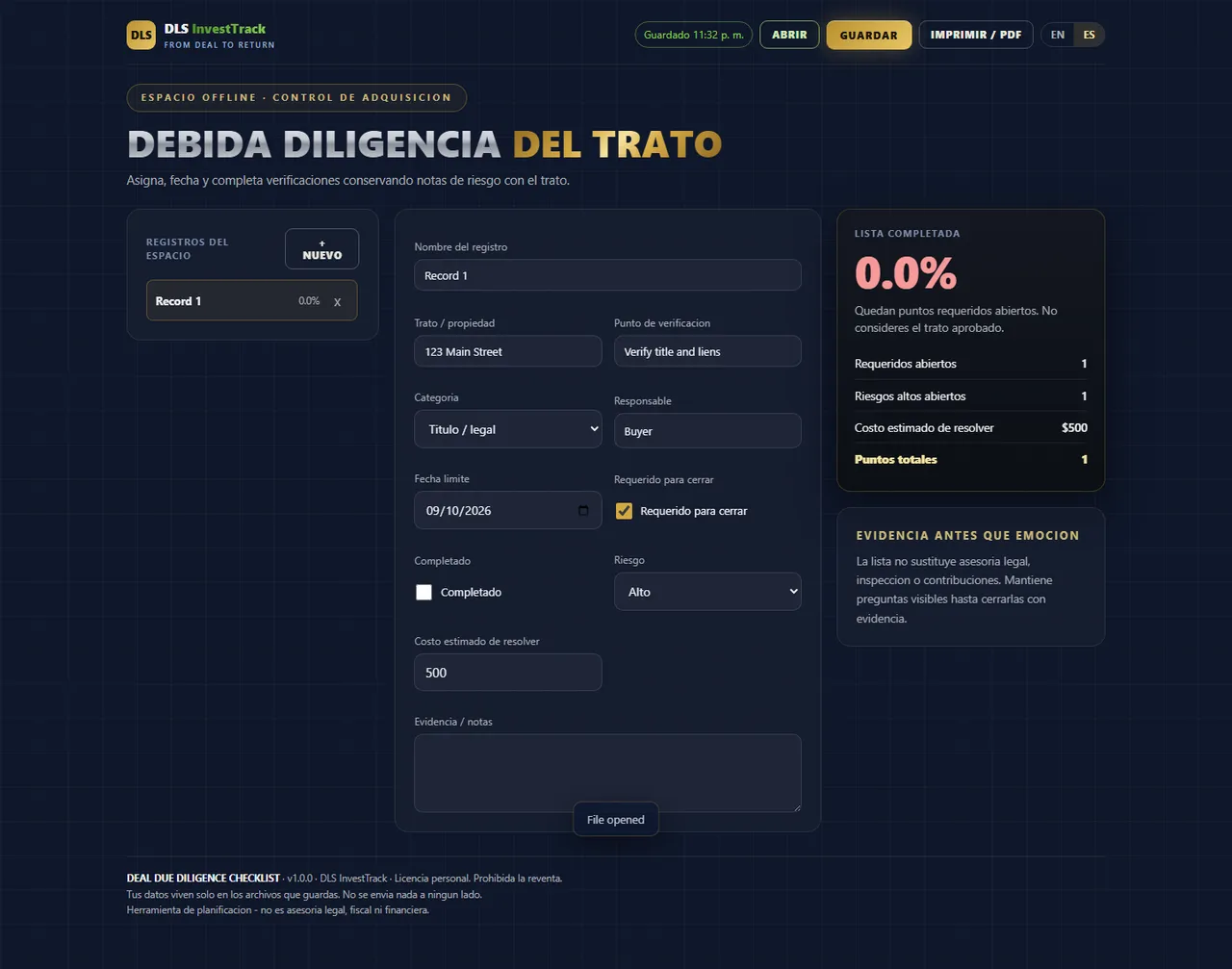 Checklist de debida diligencia interface