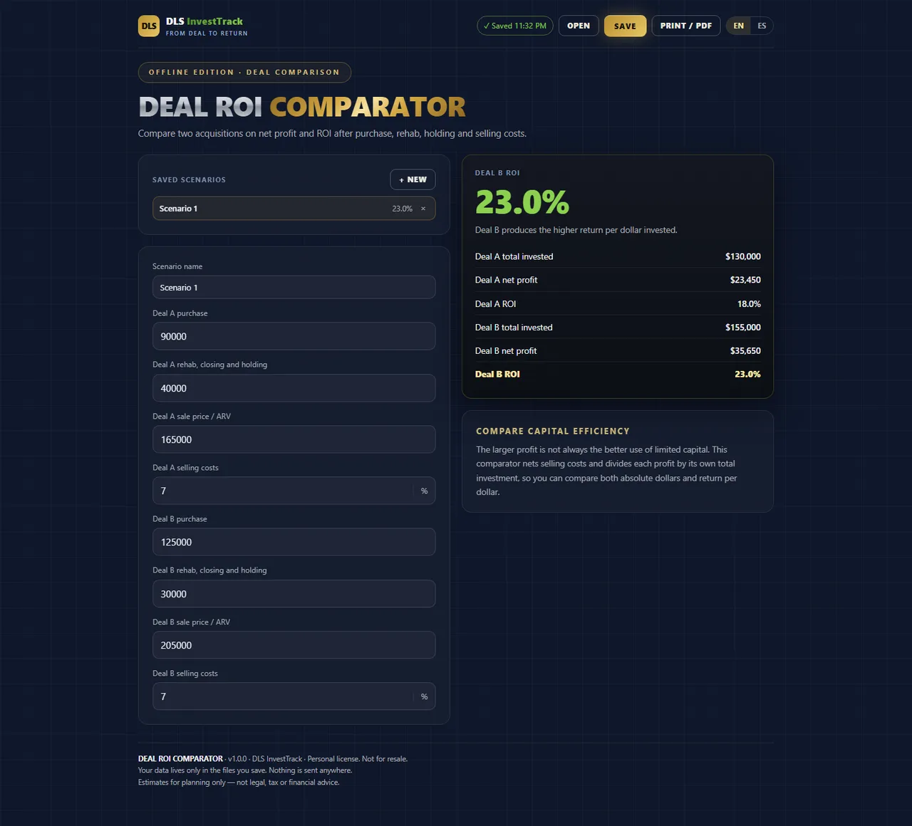 Deal ROI Comparator interface