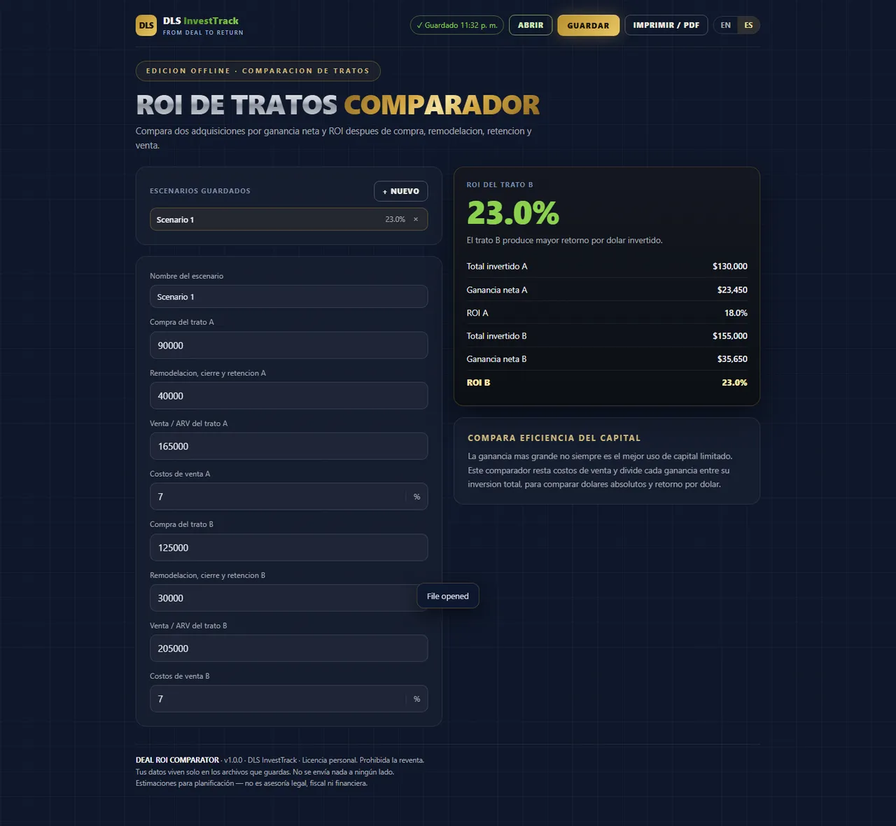 Comparador de ROI de tratos interface