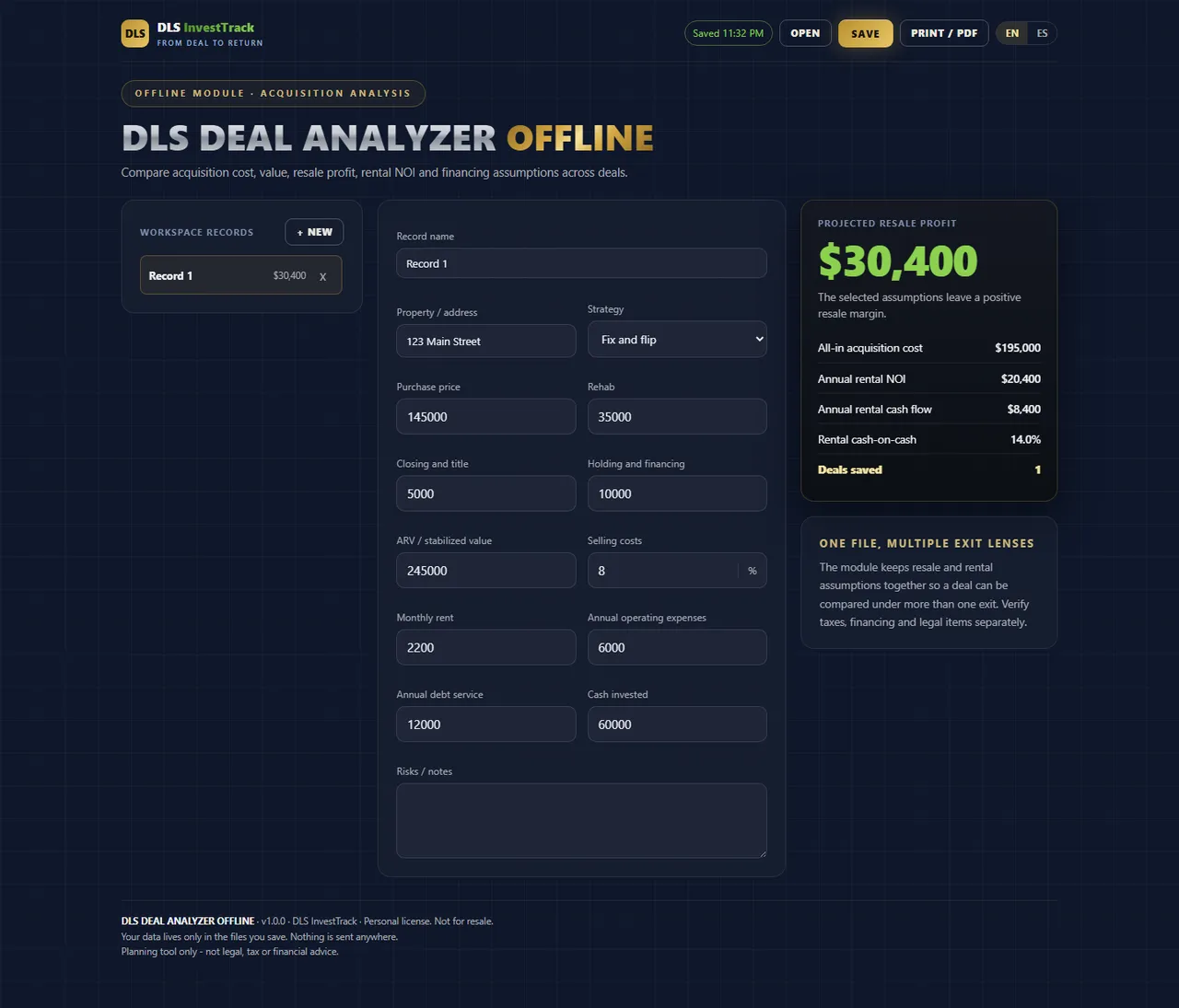 DLS Deal Analyzer Offline interface