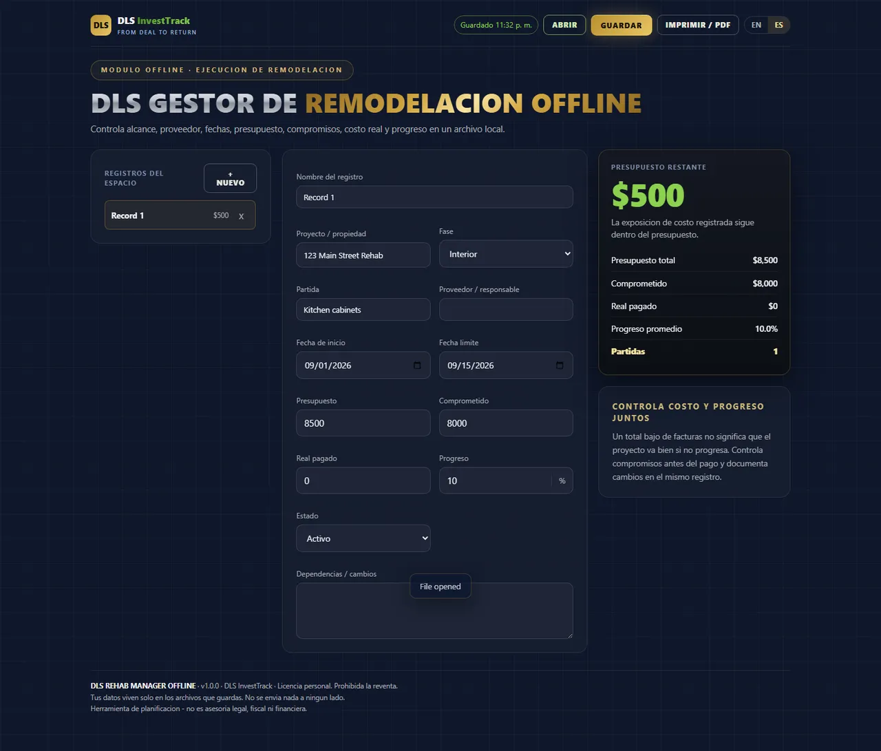 DLS Gestor de Remodelacion Offline interface