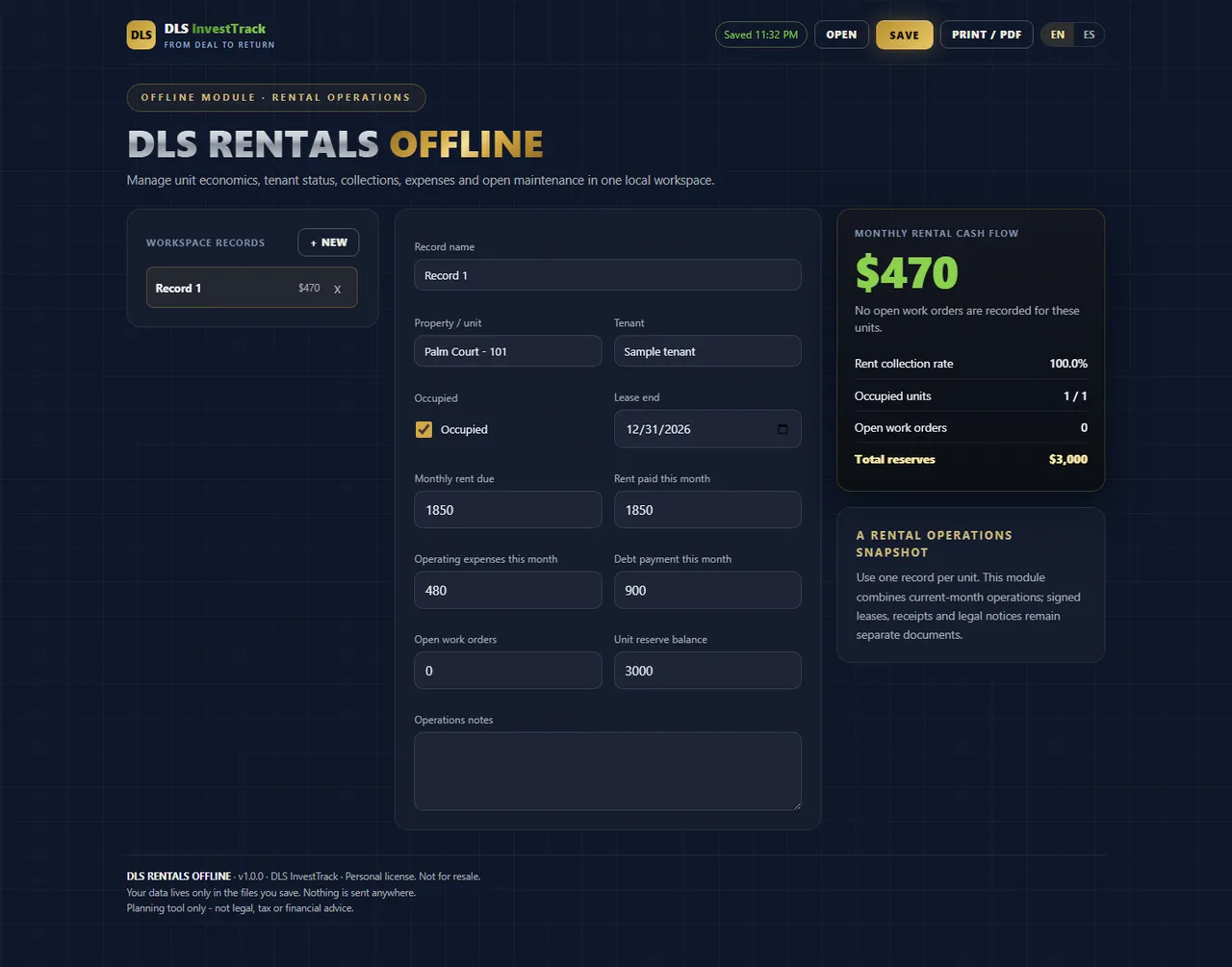 DLS Rentals Offline interface