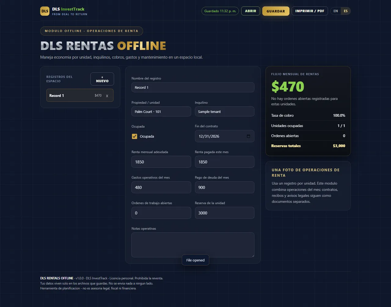 DLS Rentas Offline interface