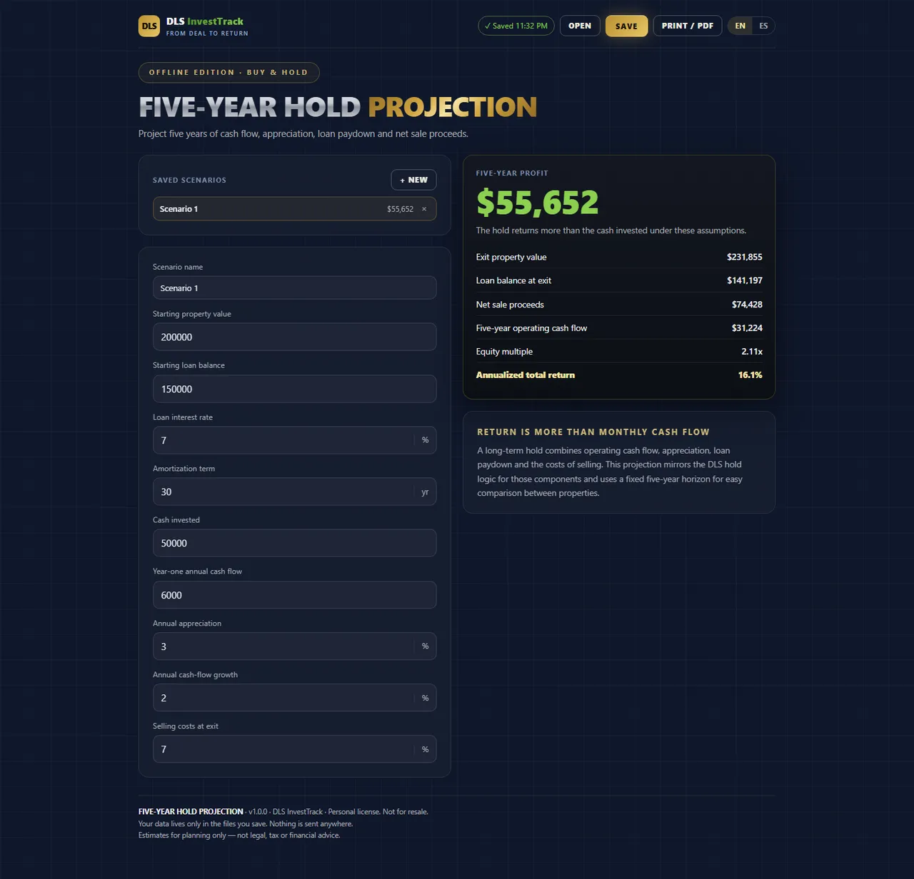 Five-Year Hold Projection interface