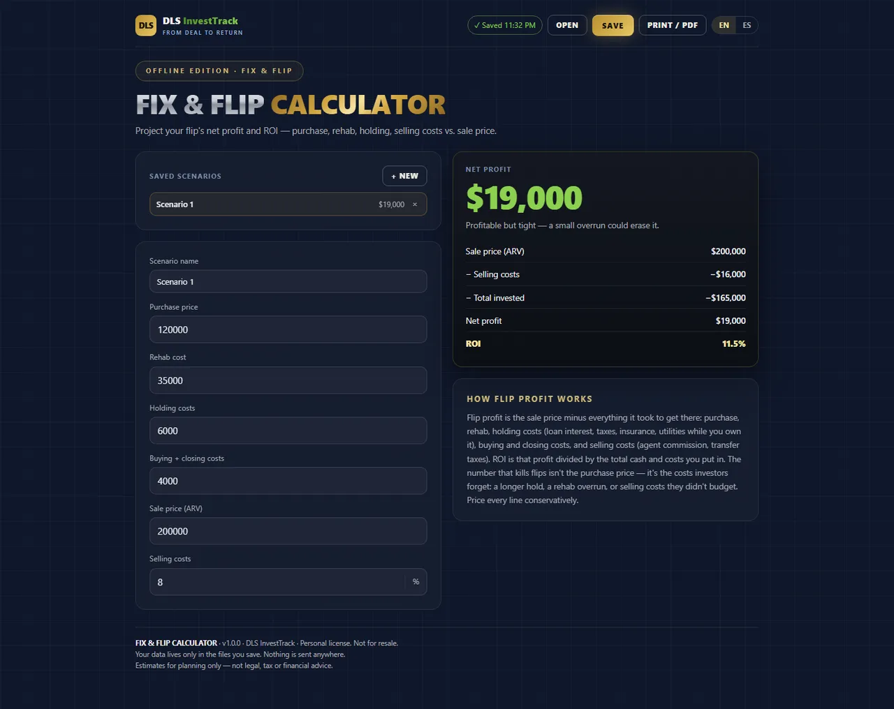 Fix & Flip Calculator interface