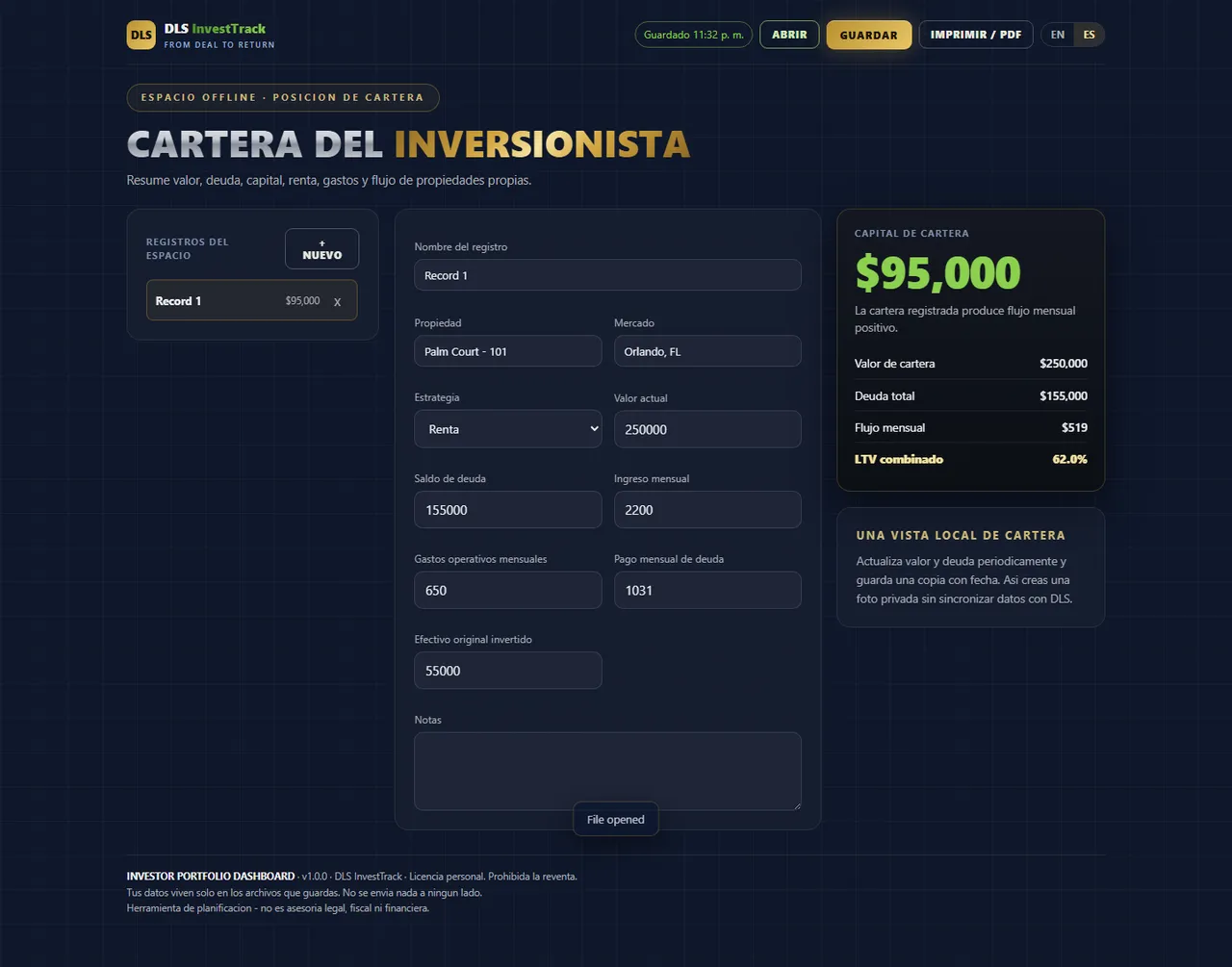 Dashboard de cartera del inversionista interface