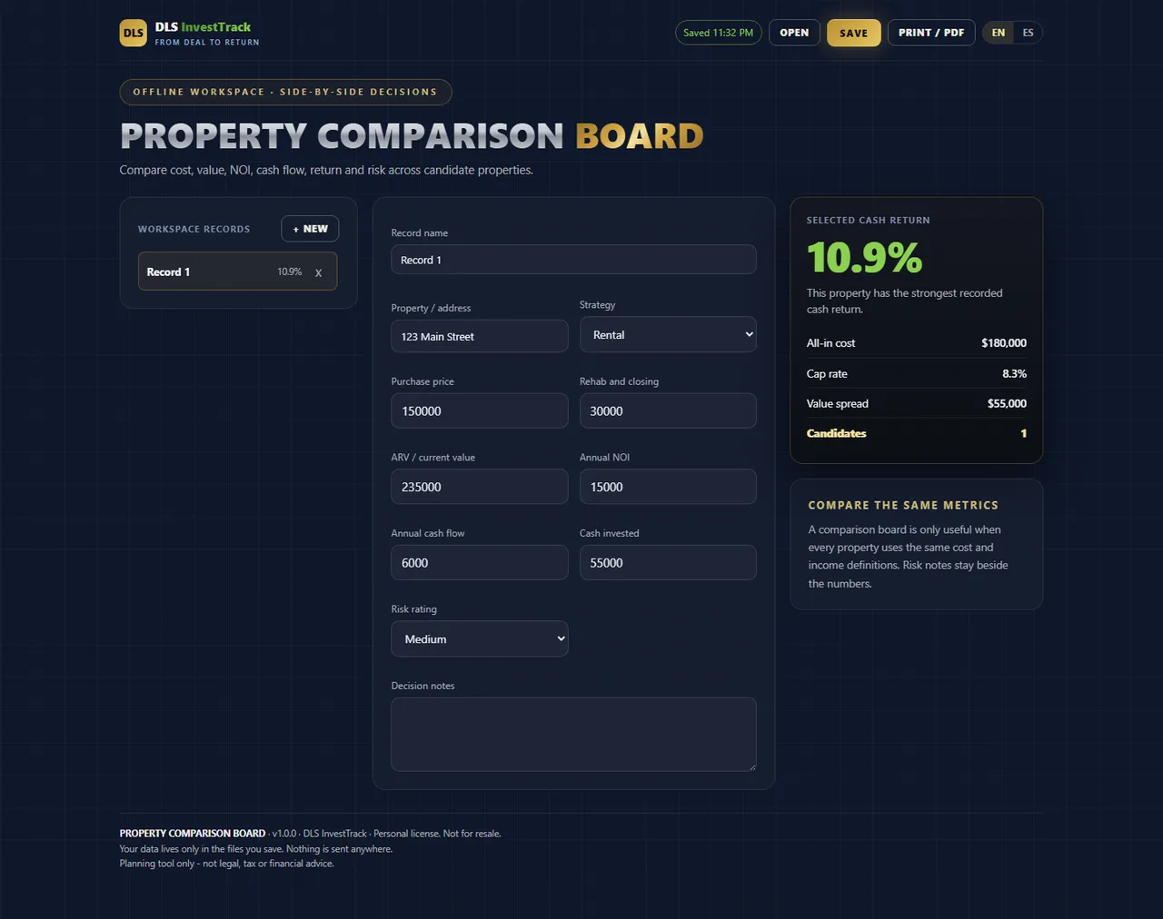 Property Comparison Board interface