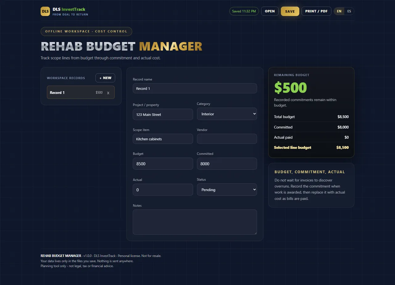 Rehab Budget Manager interface