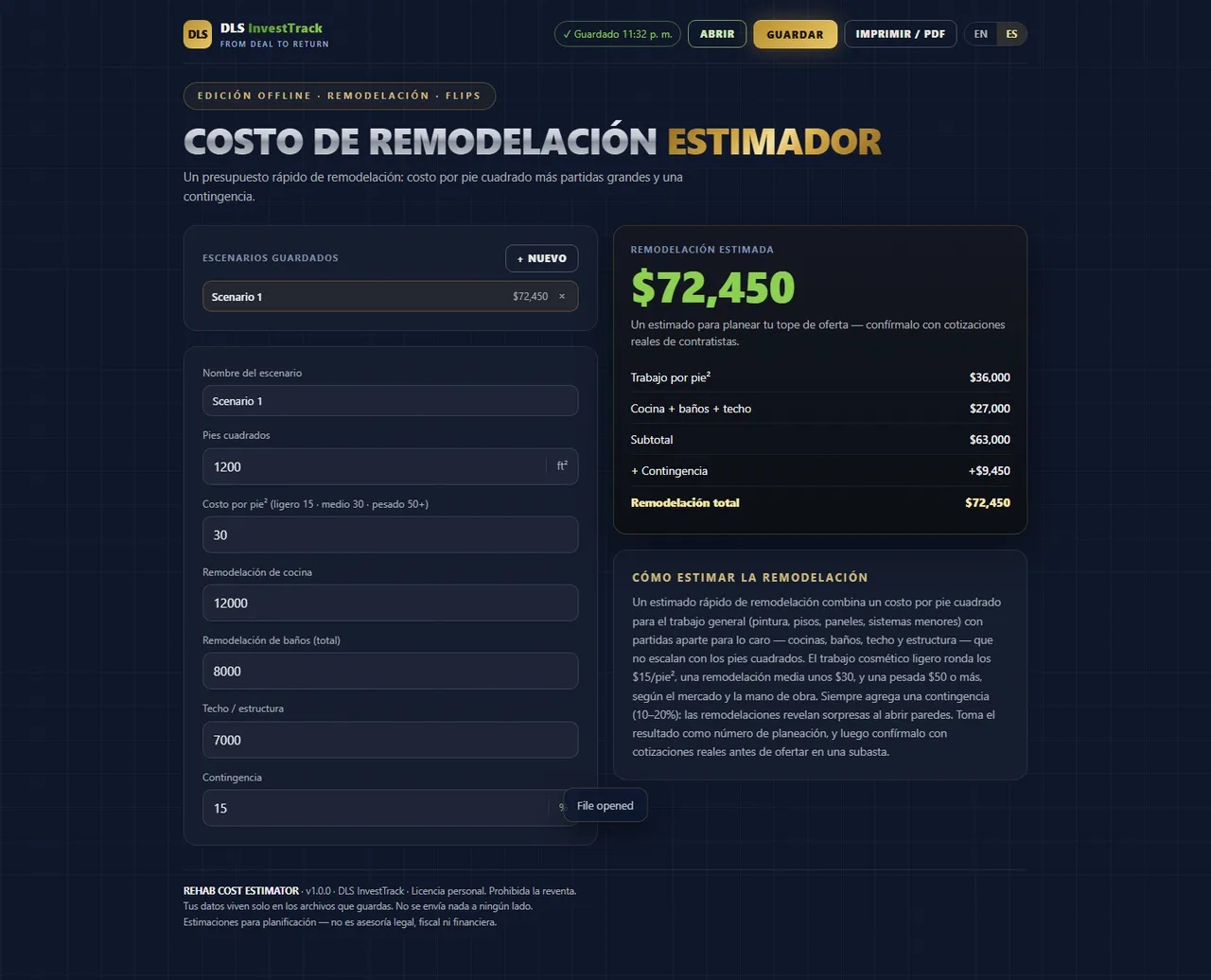 Estimador de costo de remodelación interface