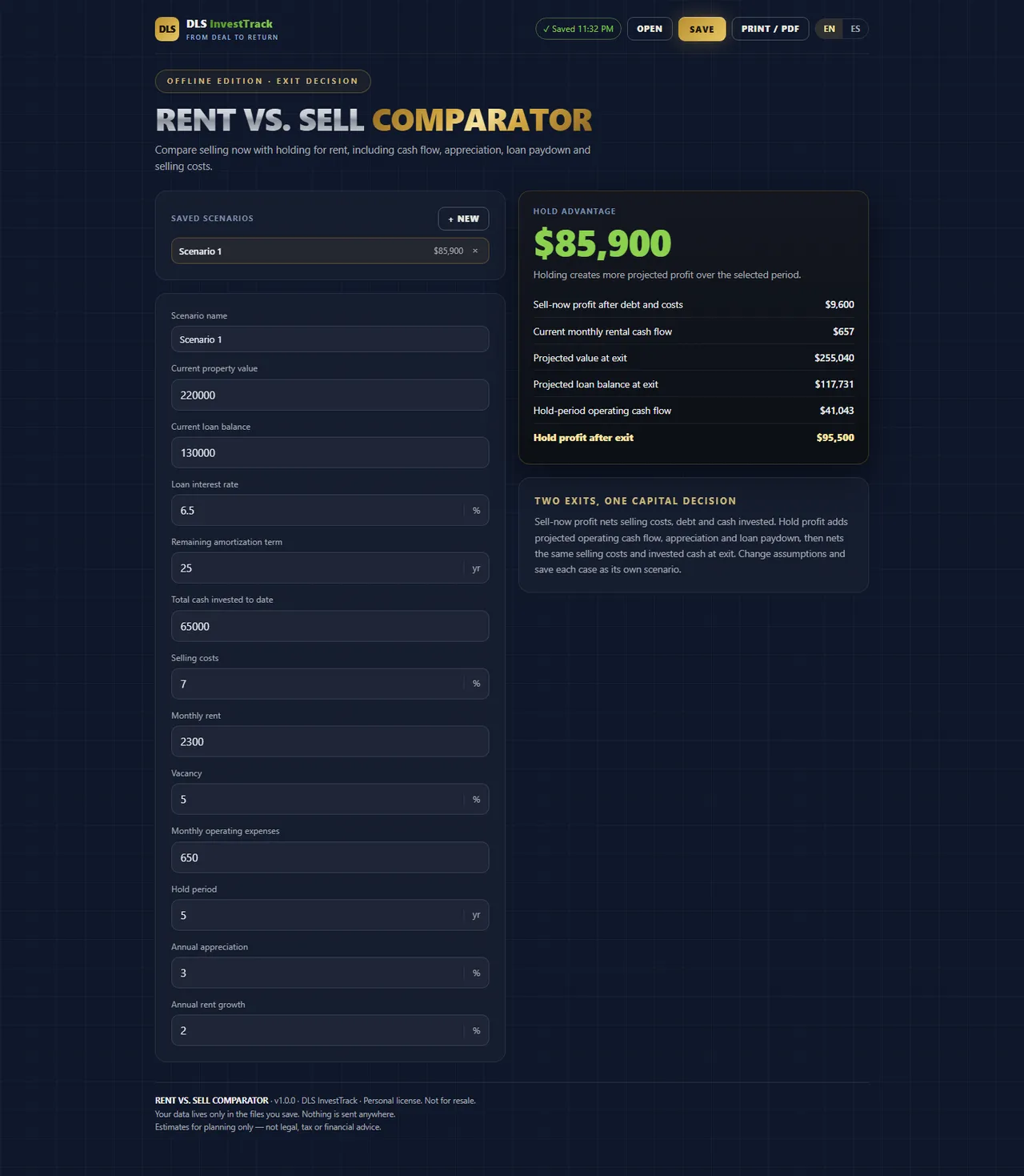 Rent vs. Sell Comparator interface