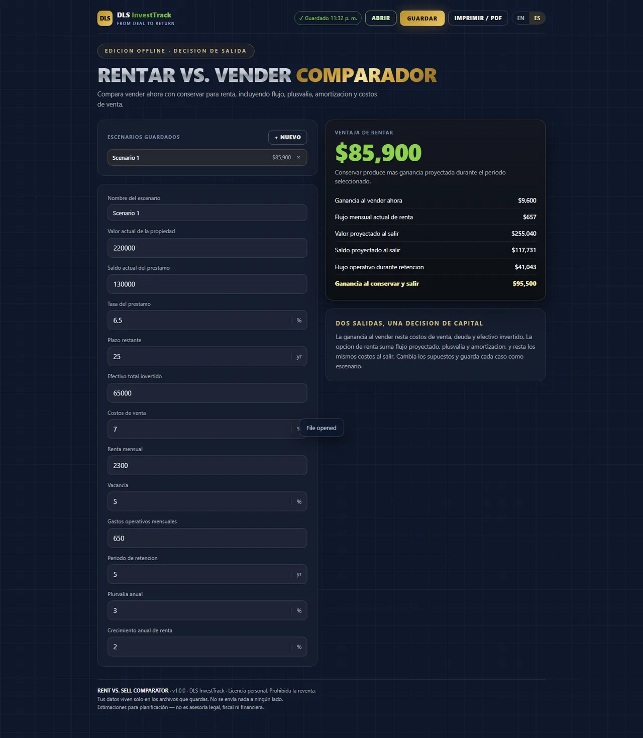 Comparador rentar vs. vender interface