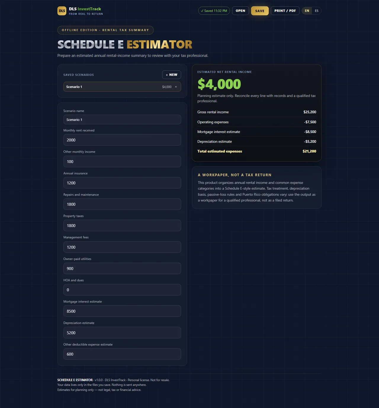 Schedule E Estimator interface