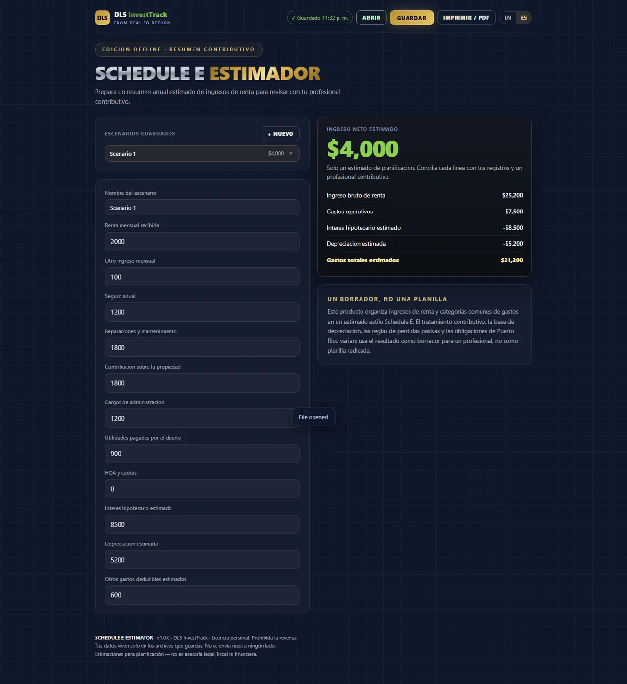 Estimador Schedule E interface