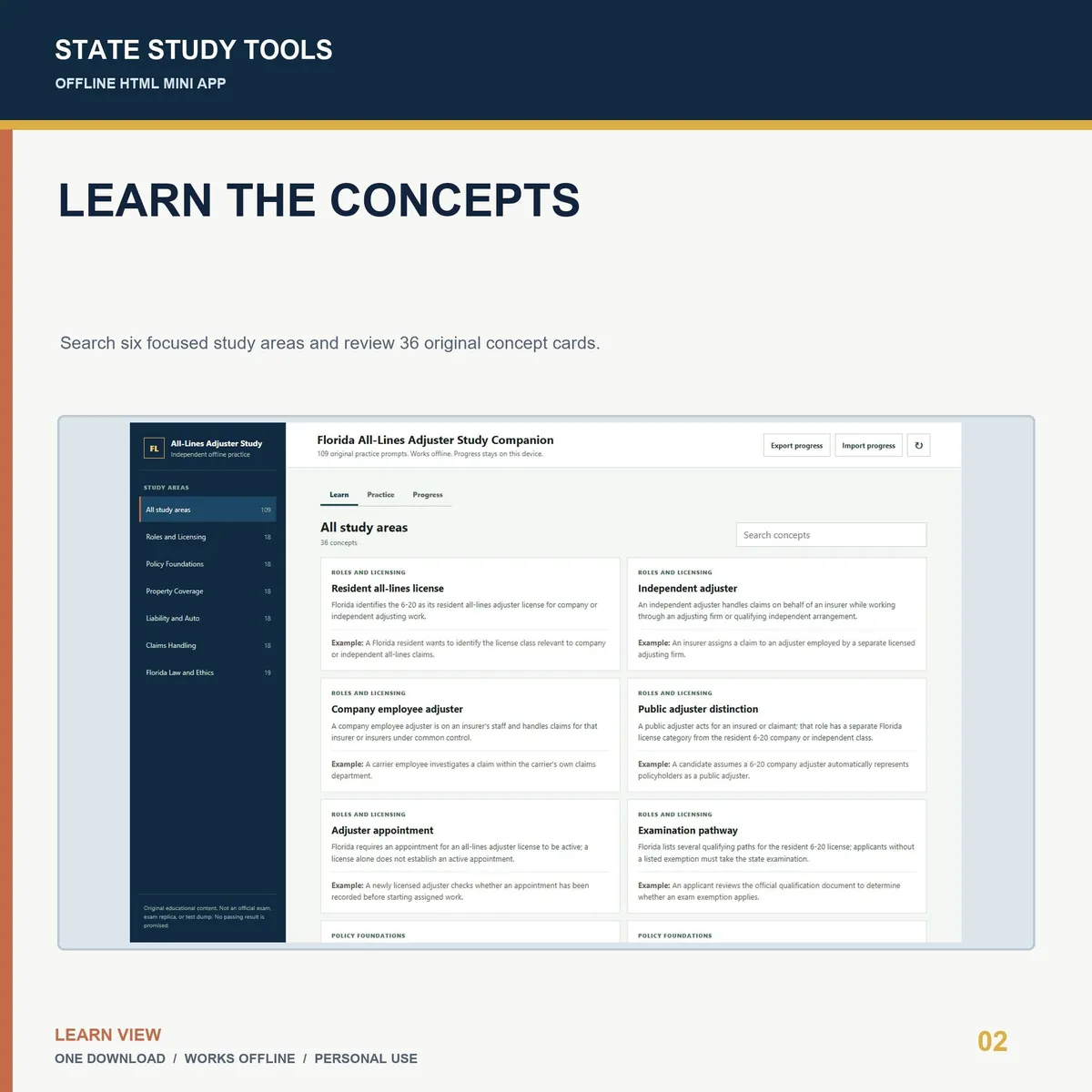Florida All-Lines Adjuster Study Companion: the offline mini app running in a browser