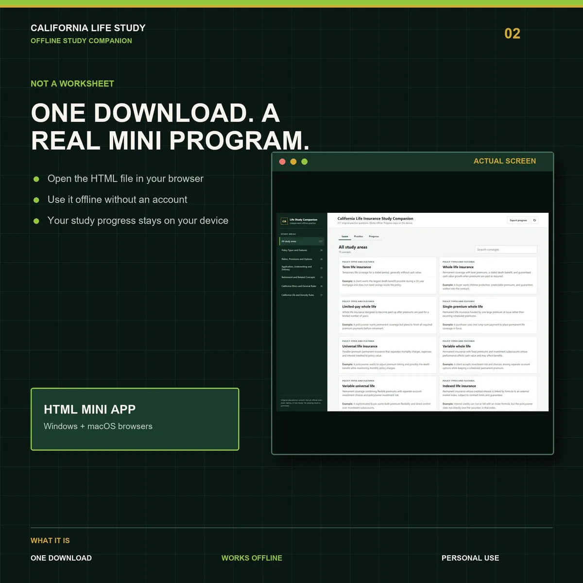 California Life Insurance Study Companion: the offline mini app running in a browser