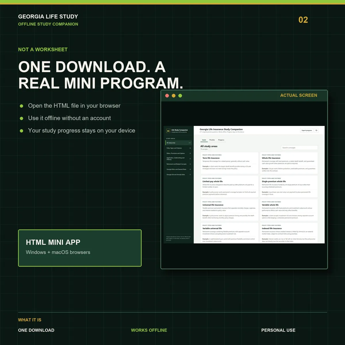 Georgia Life Insurance Study Companion: the offline mini app running in a browser