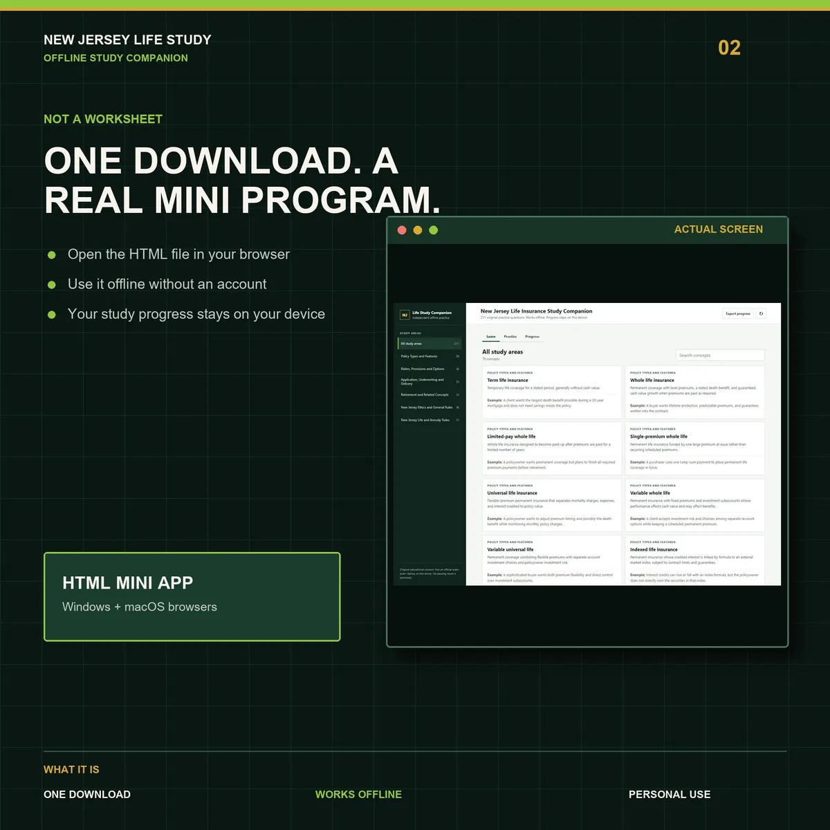 New Jersey Life Insurance Study Companion: the offline mini app running in a browser