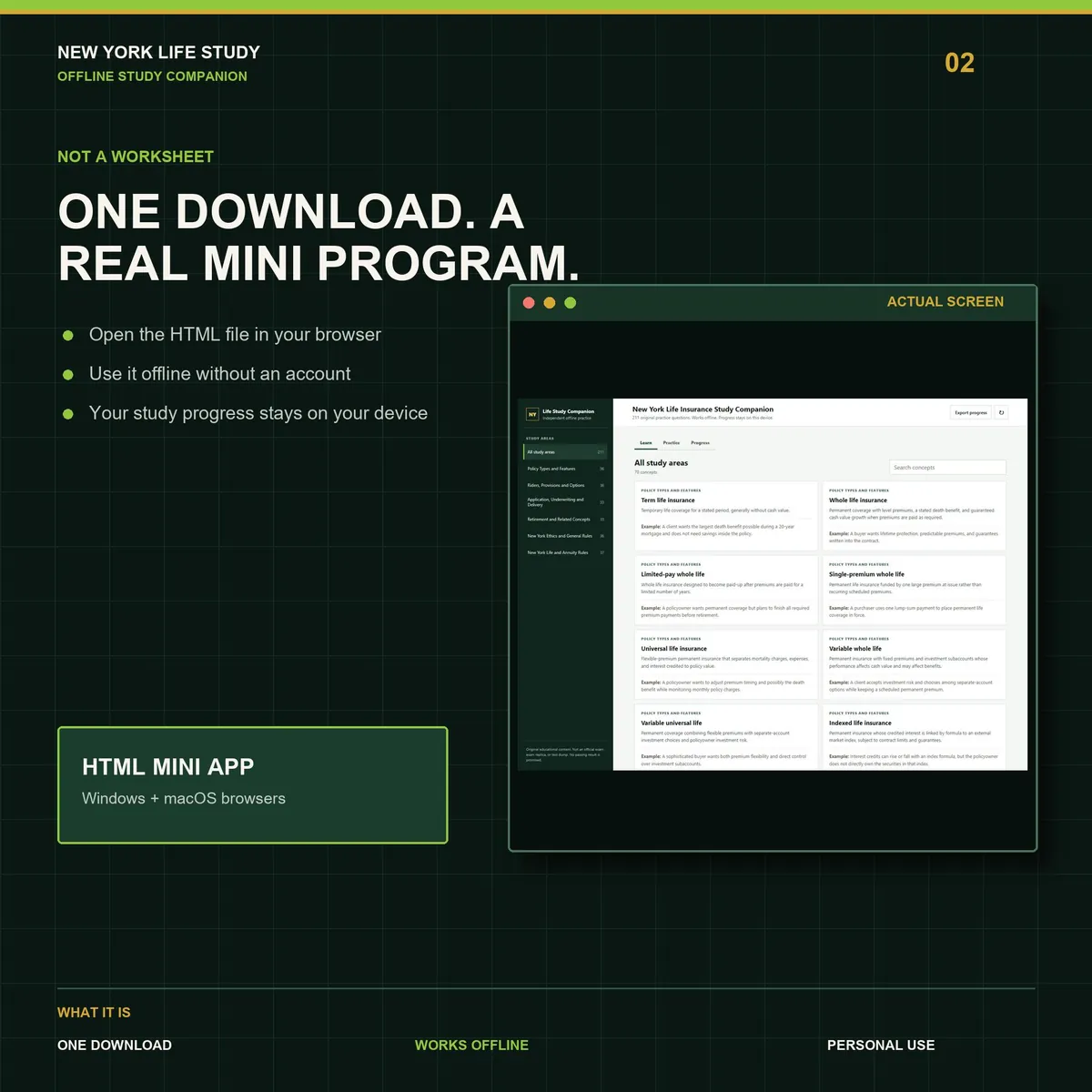 New York Life Insurance Study Companion: the offline mini app running in a browser